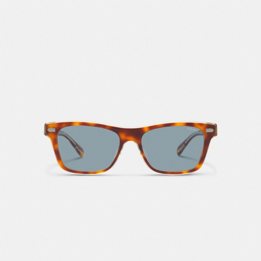 COACH®,Beveled Signature Square Sunglasses,Square,Tortoise,Logo,Metal,Integrated Nose Pads,Casual,Blue,Inside View,Top View