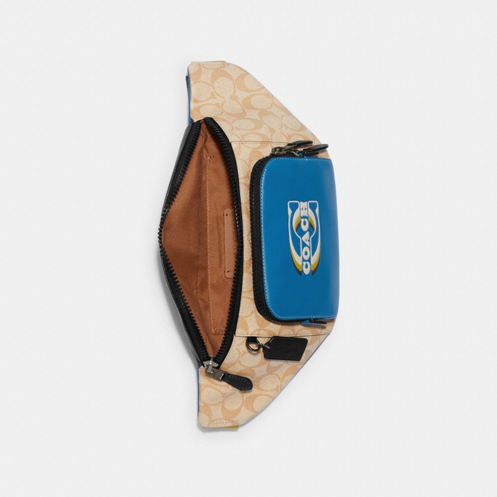COACH®,Track Belt Bag In Colorblock Signature Canvas With Coach Stamp,Leather,Canvas,Calfskin Leather,Belt Bag,Logo,Color ...,Beige,Inside View,Top View