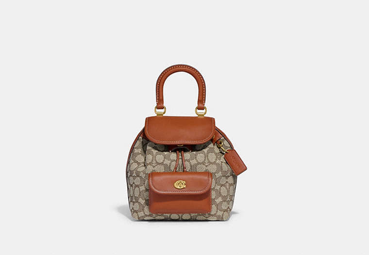 COACH®,RIYA BACKPACK 21 IN SIGNATURE TEXTILE JACQUARD,Signature Jacquard,Medium,Brass/Cocoa Burnished Amb,Front View image number 0