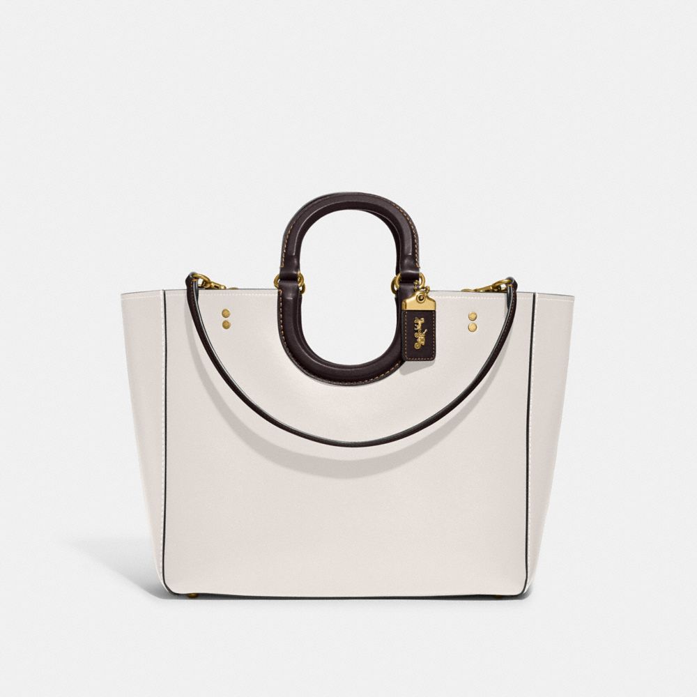 COACH®,RAE TOTE BAG IN COLORBLOCK,Glovetan Leather,X-Large,Brass/Chalk Multi,Front View