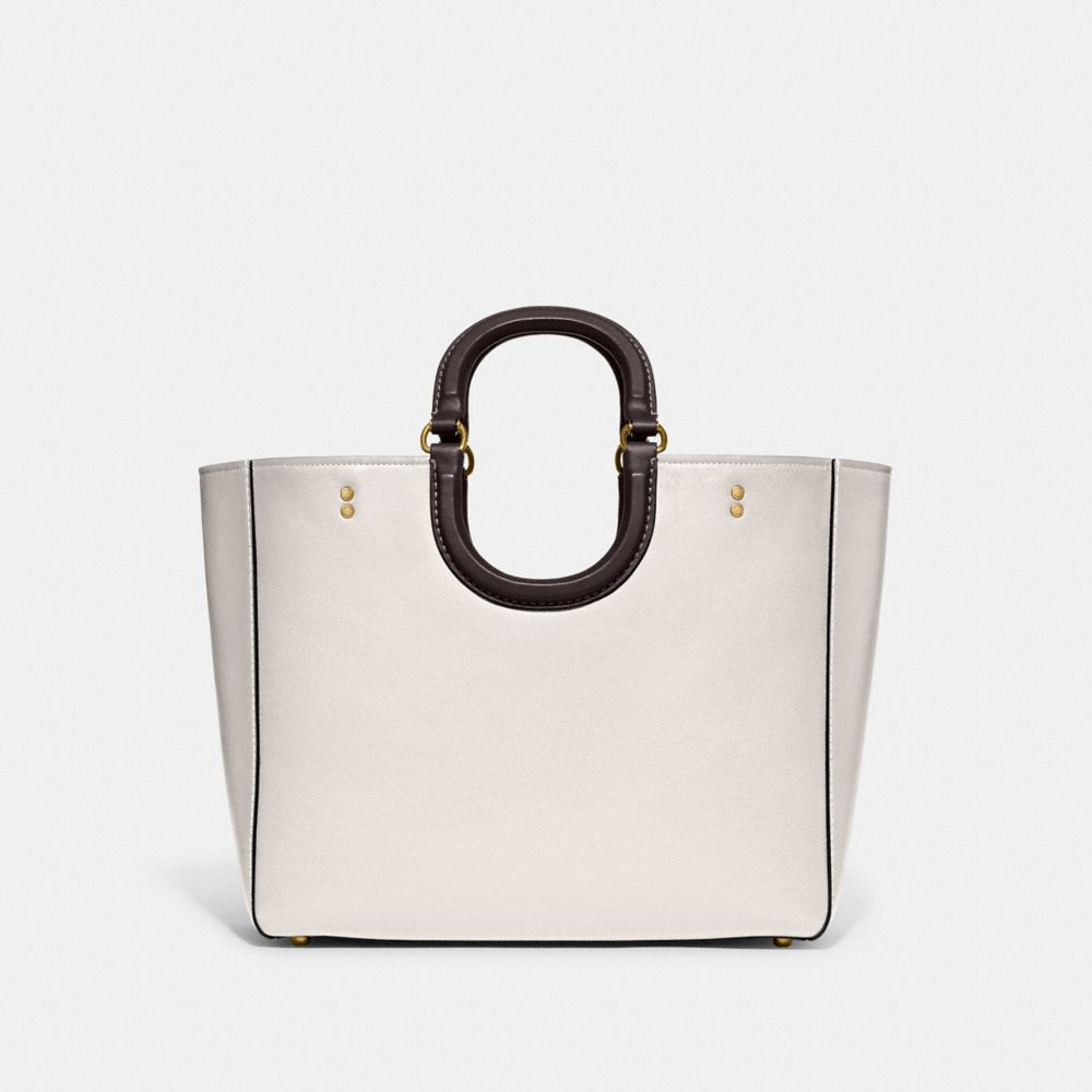 COACH®,Rae Tote Bag In Colorblock,Leather,Tote,Pouch,Color Block,Stitching,Studded,Logo,Tag Embellishment,Work,Casual,White,Back View