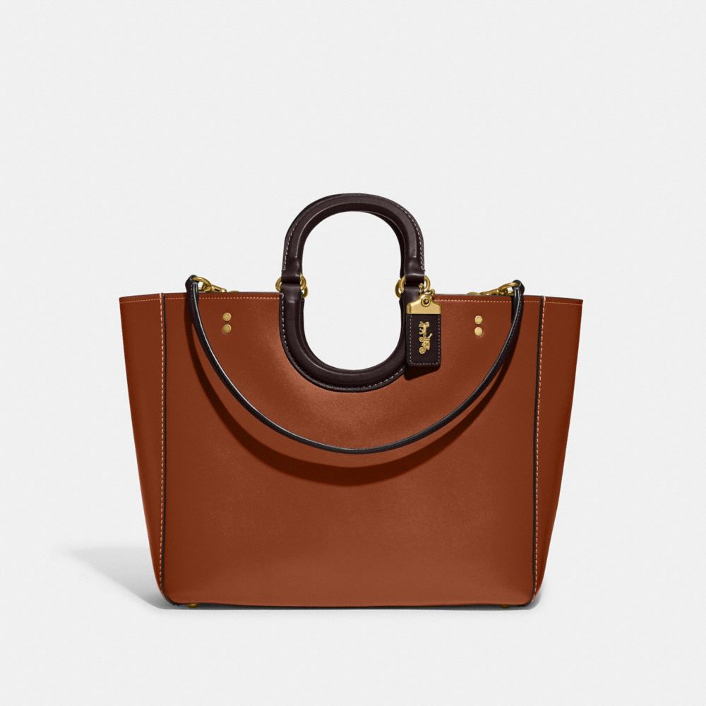 COACH®,RAE TOTE BAG IN COLORBLOCK,Glovetan Leather,X-Large,Brass/1941 Saddle Multi,Front View image number 0