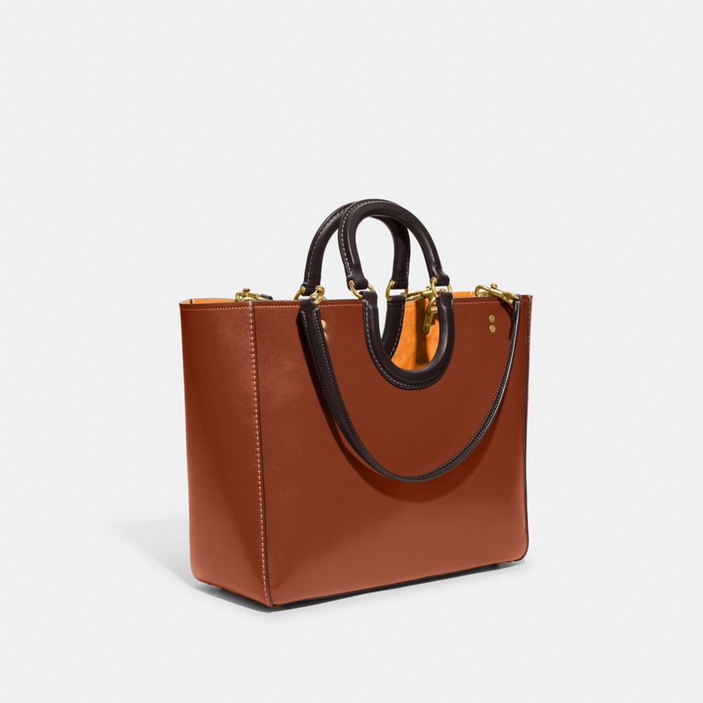 COACH®,Rae Tote Bag In Colorblock,Leather,Tote,Pouch,Color Block,Stitching,Studded,Logo,Tag Embellishment,Work,Casual,Brown,Angle View