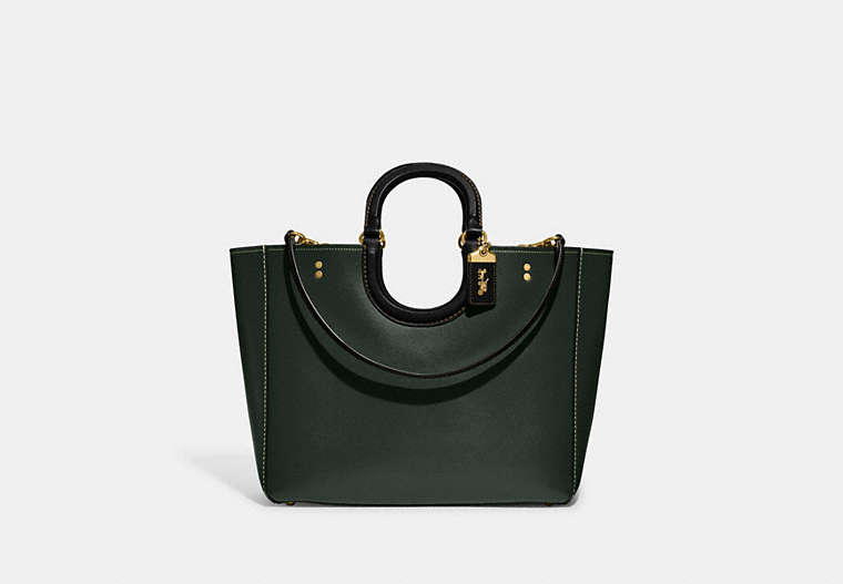COACH®,RAE TOTE IN COLORBLOCK,Glovetanned Leather,X-Large,Brass/Amazon Green Multi,Front View