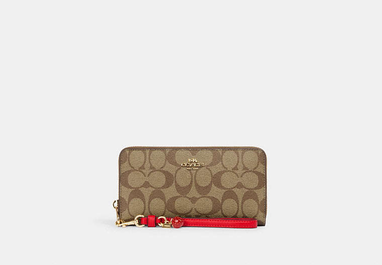 COACH®,LONG ZIP AROUND WALLET IN SIGNATURE CANVAS WITH STRAWBERRY,Mini,Im/Khaki/Electric Red,Front View