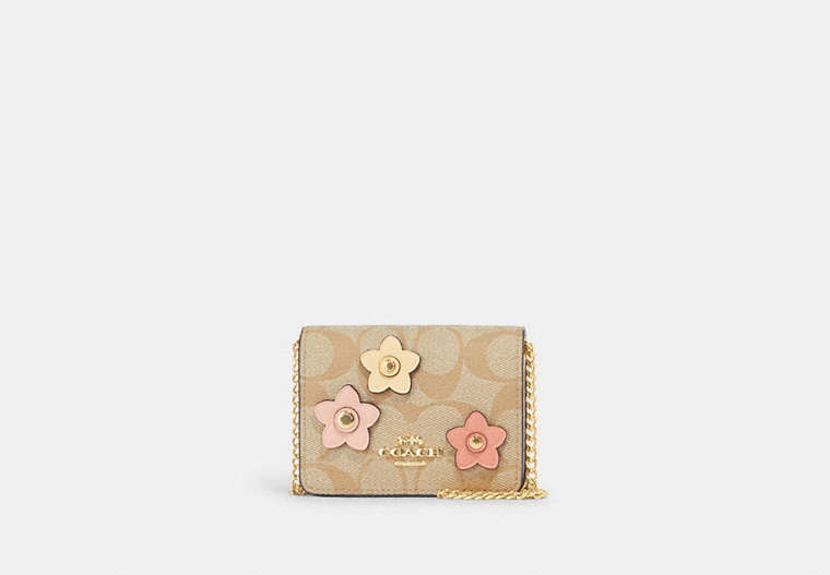 COACH®,MINI WALLET ON A CHAIN IN SIGNATURE CANVAS WITH FLORAL APPLIQUE,Mini,Gold/Light Khaki Multi,Front View