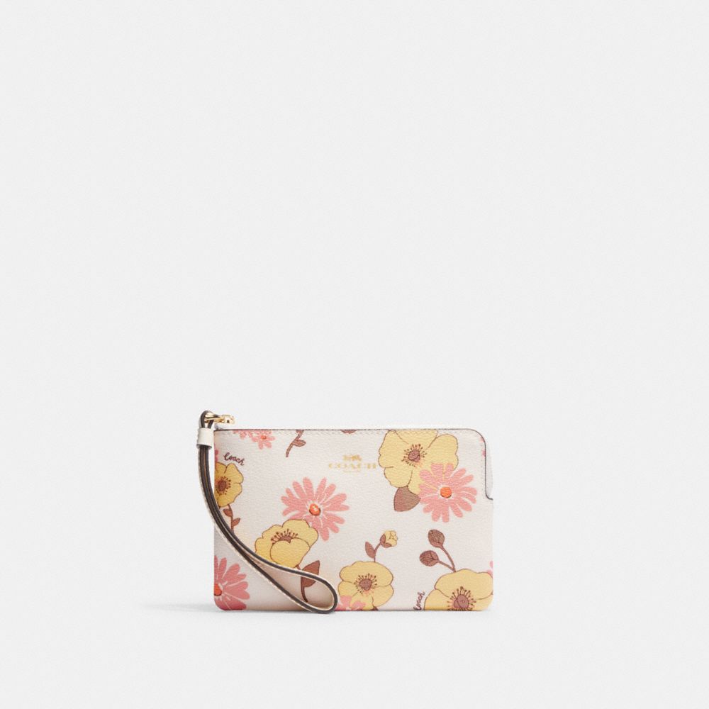 COACH®,WRISTLET À ZIP EN COIN AVEC IMPRIMÉ DE FLEURS EN GRAPPE,Or/Craie Multi,Front View