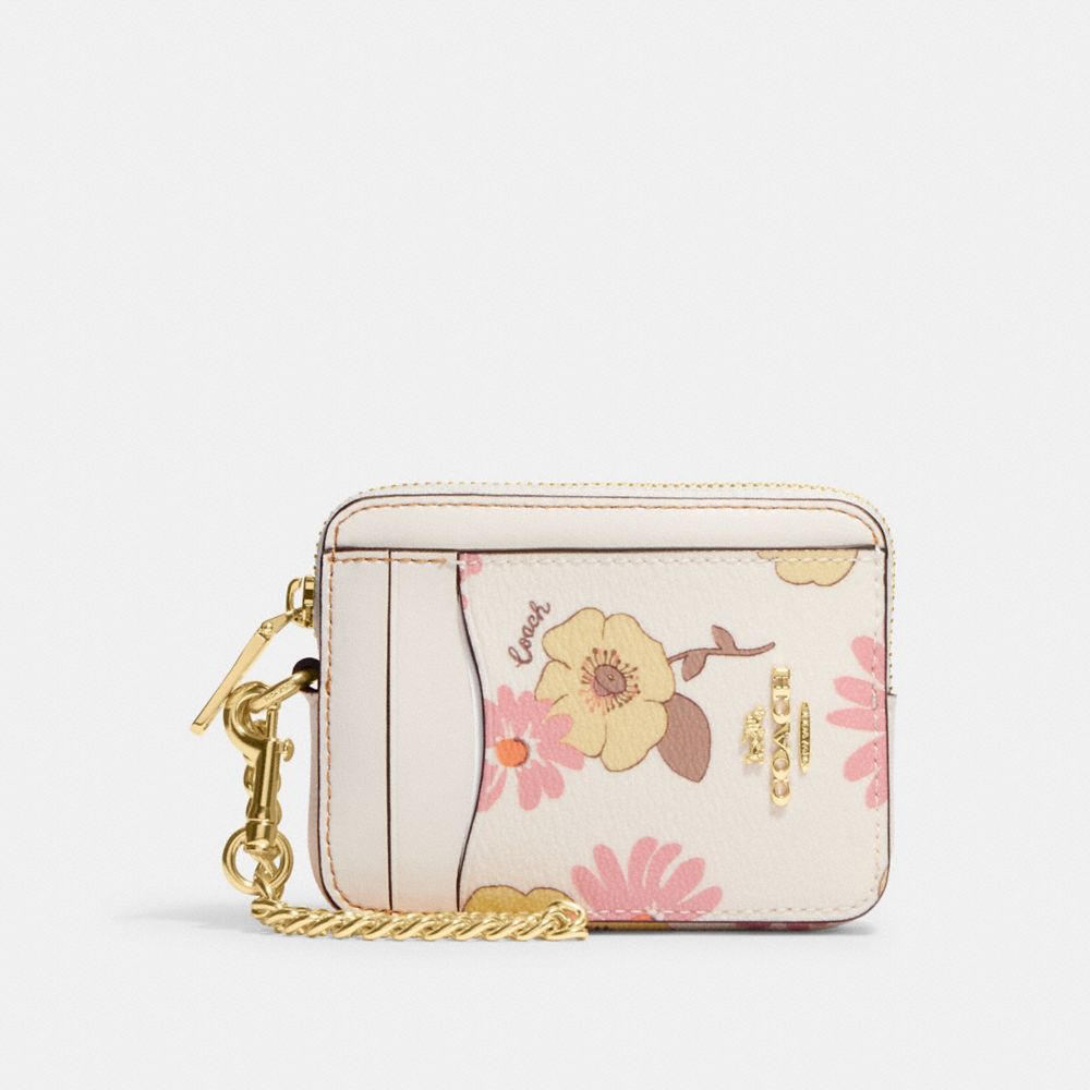 COACH®,ZIP CARD CASE WITH FLORAL CLUSTER PRINT,Mini,Gold/Chalk Multi,Front View