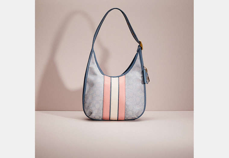 COACH®,UPCRAFTED ERGO SHOULDER BAG IN SIGNATURE JACQUARD,Signature Jacquard,Small,Brass/Marble Blue Azure,Front View