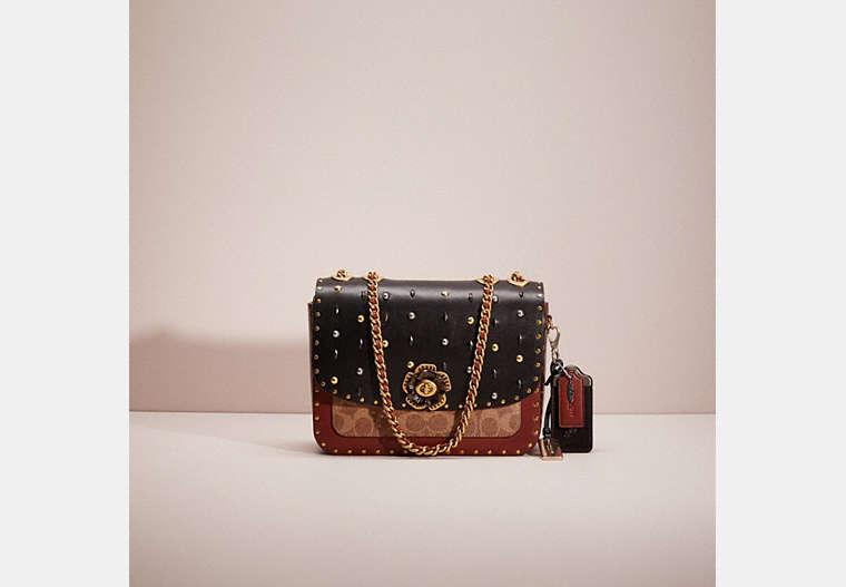 COACH®,UPCRAFTED MADISON SHOULDER BAG IN SIGNATURE CANVAS WITH RIVETS AND SNAKESKIN DETAIL,Signature Coated Canvas,Brass/Tan/Rust,Front View