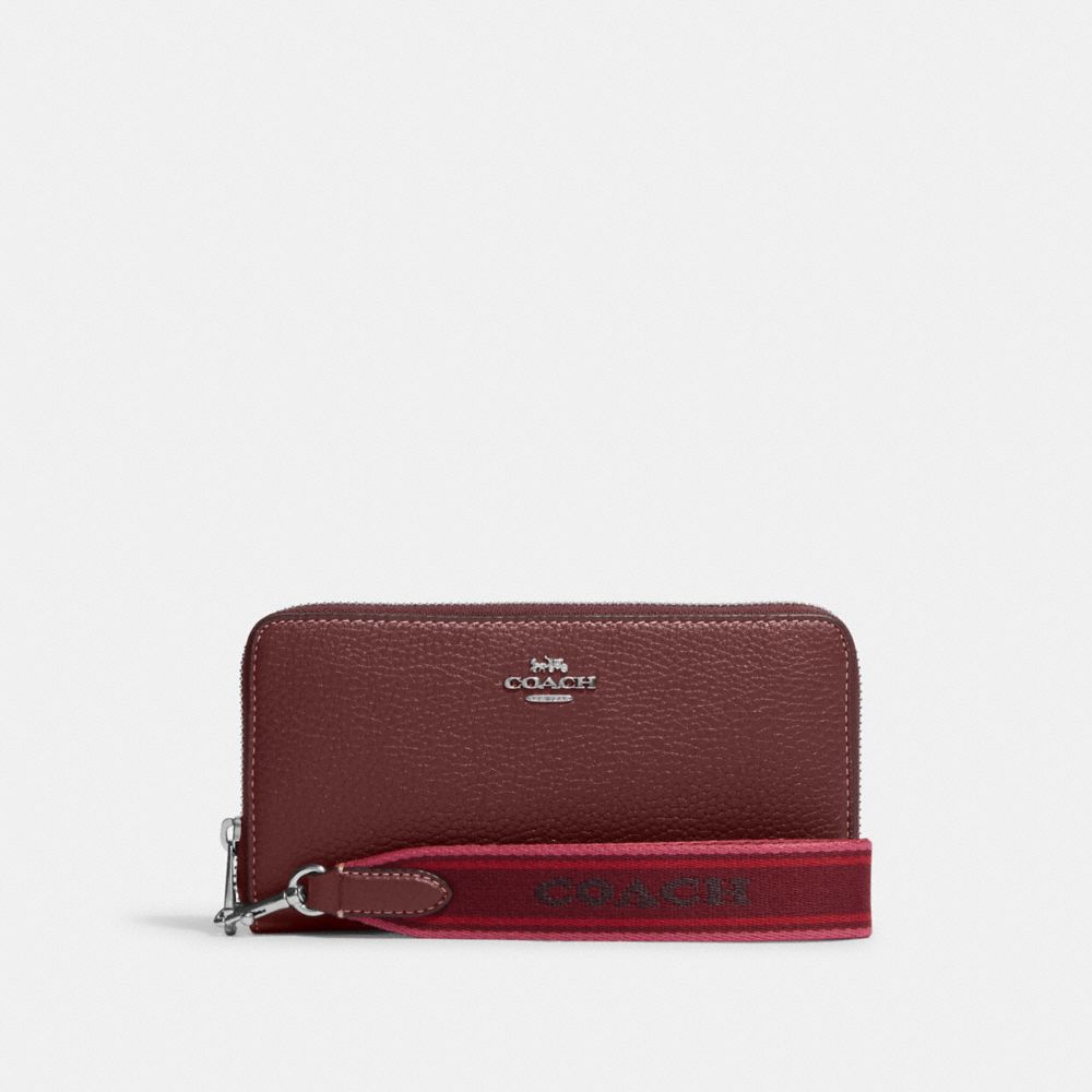 COACH®,PORTEFEUILLE ZIP-CONTOUR LONG,Cuir,Argent/Rouge vin multi,Front View