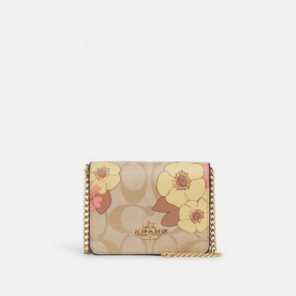 COACH®,MINI-PORTEFEUILLE SUR CHAÎNE EN TOILE SIGNATURE AVEC IMPRIMÉ DE FLEURS EN GRAPPE,Or/Kaki pâle Multi,Front View