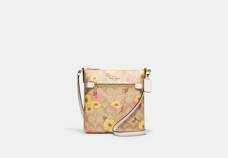 COACH®,MINI ROWAN FILE BAG IN SIGNATURE CANVAS WITH FLORAL CLUSTER PRINT,Small,Gold/Light Khaki Multi,Front View