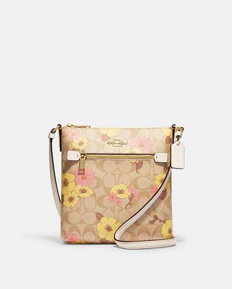 COACH®,MINI ROWAN FILE BAG IN SIGNATURE CANVAS WITH FLORAL CLUSTER PRINT,Gold/Light Khaki Multi,Front View