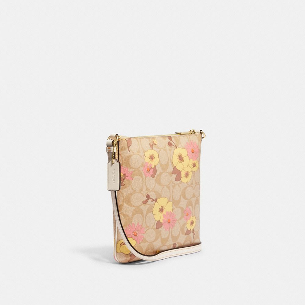 COACH®,MINI ROWAN FILE BAG IN SIGNATURE CANVAS WITH FLORAL CLUSTER PRINT,Small,Gold/Light Khaki Multi,Angle View