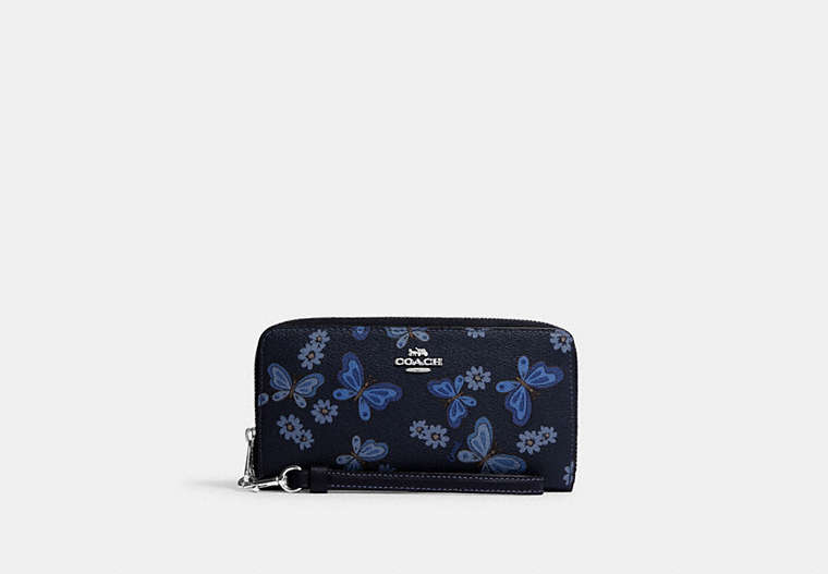 COACH®,LONG ZIP AROUND WALLET WITH LOVELY BUTTERFLY PRINT,Mini,Silver/Midnight Navy Multi,Front View