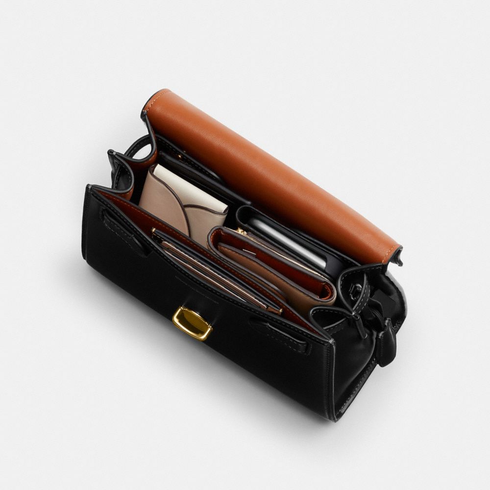 COACH®,Sammy Top Handle Bag,Leather,Calf Hair,Satchel,Metal,Logo,Expandable,Gusset,Gold Metal,Day Party,,Inside View, Top View