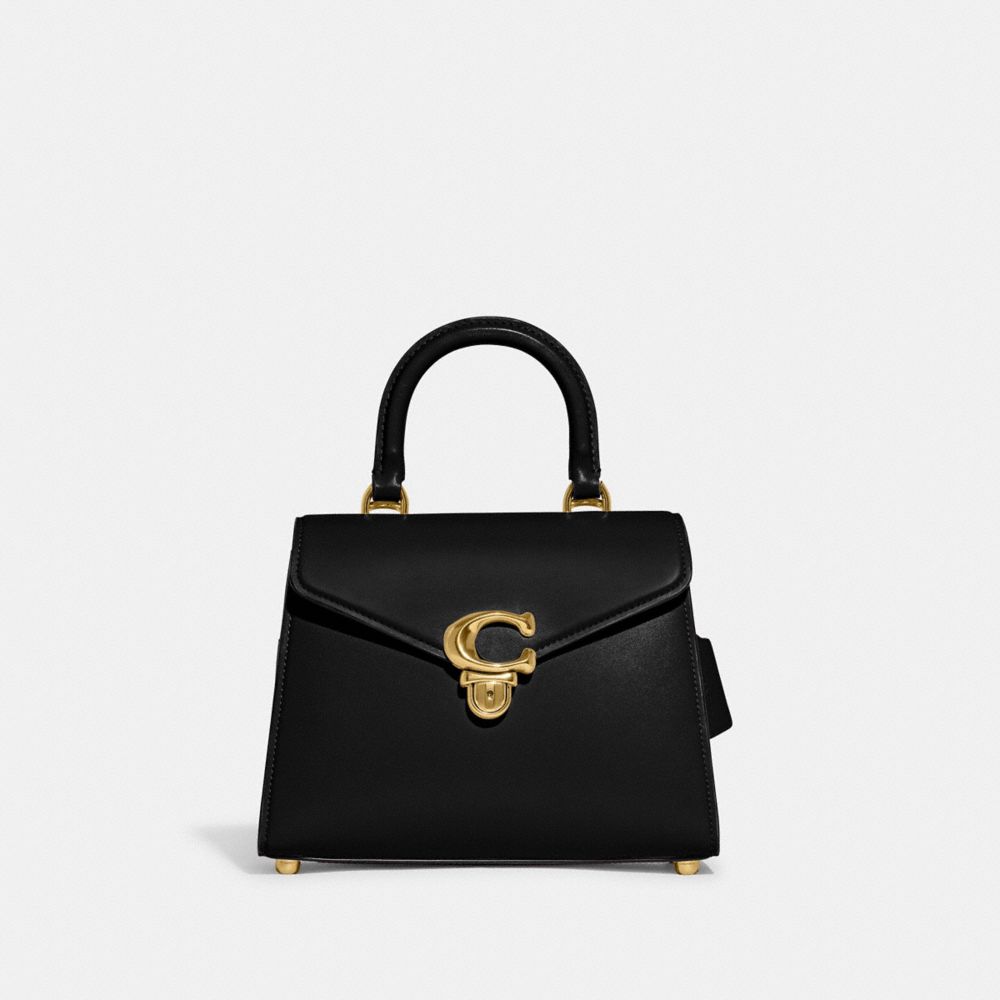 COACH®,SAMMY TOP HANDLE BAG,Luxe Refined Calf Leather,Medium,Brass/Black,Front View
