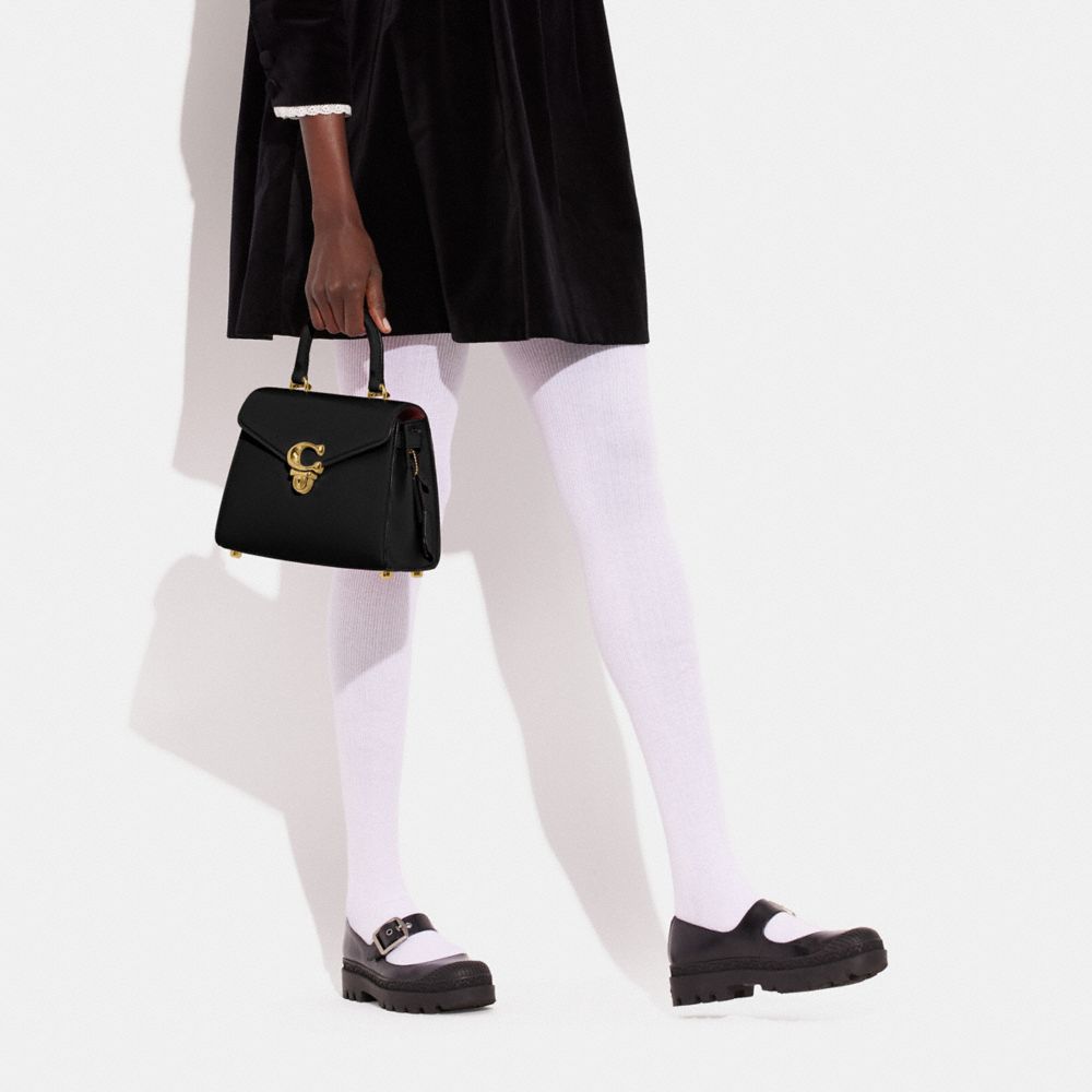 COACH®,Sammy Top Handle Bag,Leather,Calf Hair,Satchel,Metal,Logo,Expandable,Gusset,Gold Metal,Day Party,Black,Detail View