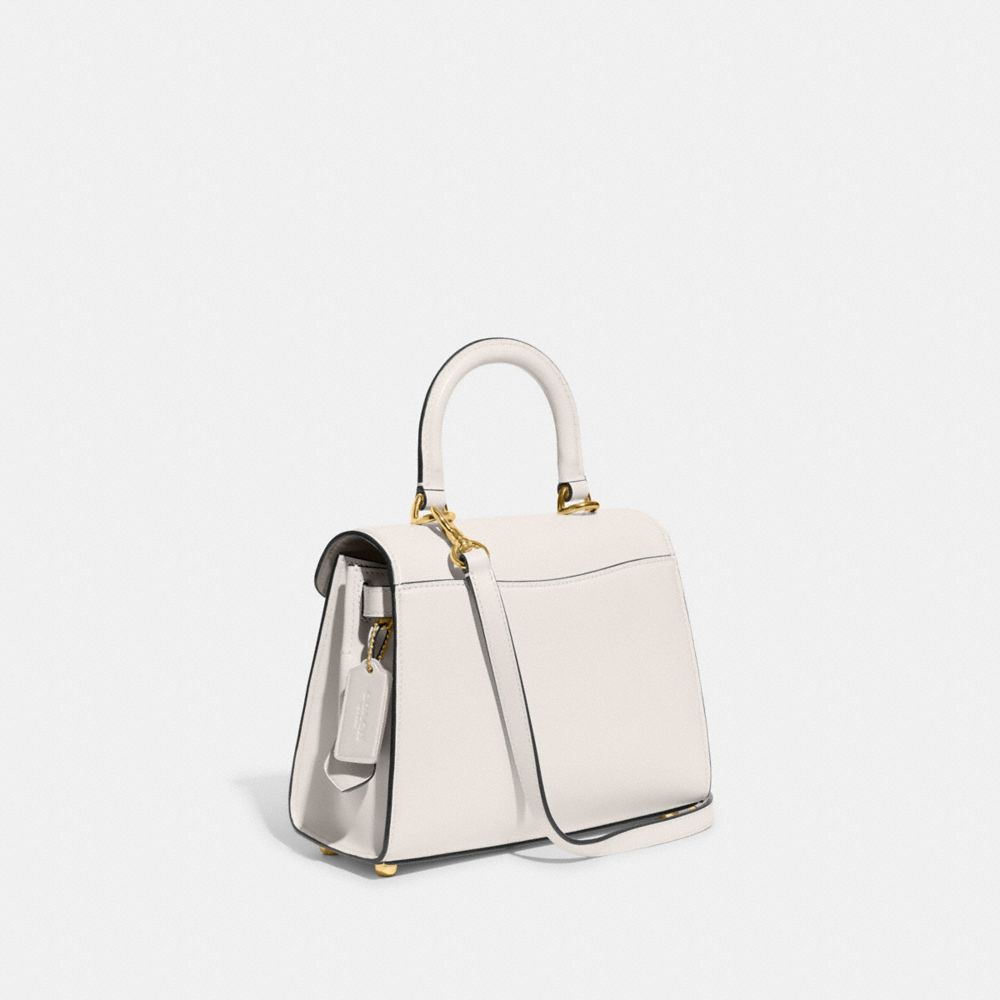 COACH®,Sammy Top Handle Bag,Leather,Calf Hair,Satchel,Metal,Logo,Expandable,Gusset,Gold Metal,Day Party,White,Angle View