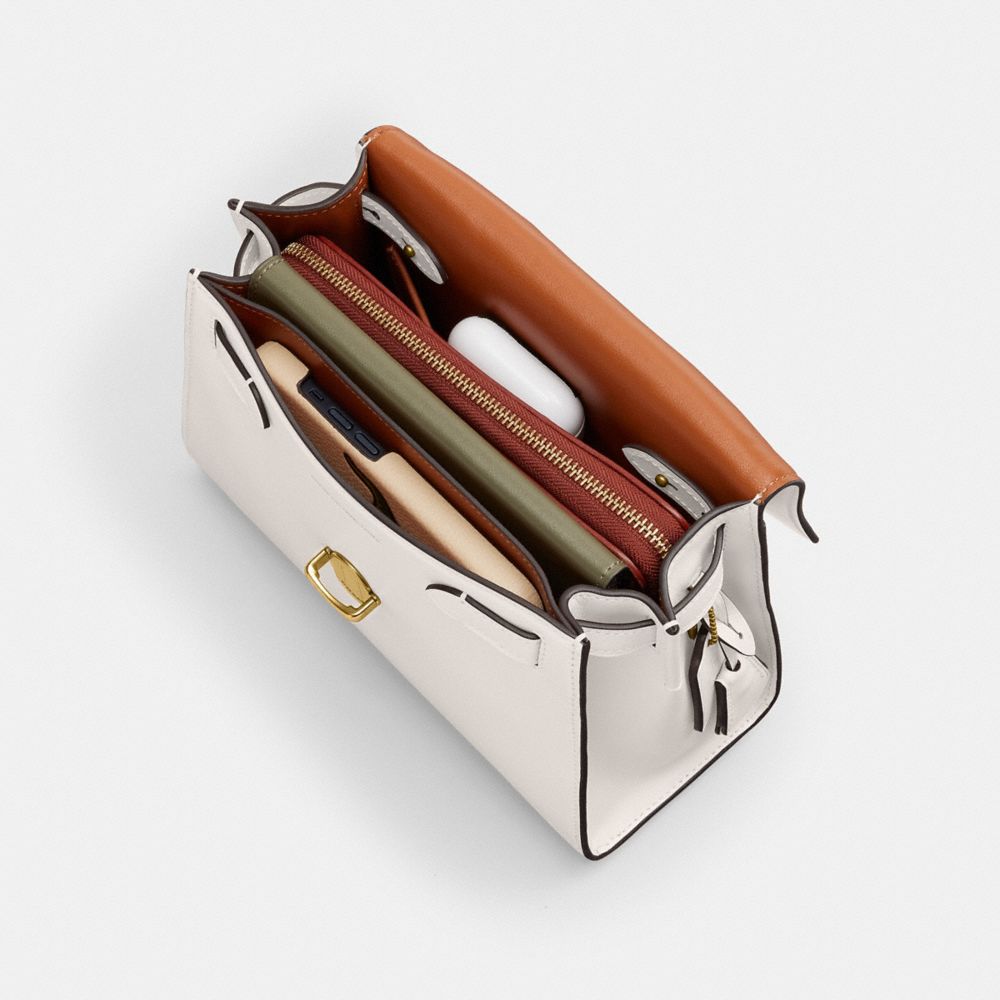 COACH®,Sammy Top Handle Bag,Leather,Calf Hair,Satchel,Metal,Logo,Expandable,Gusset,Gold Metal,Day Party,White,Inside View,Top View