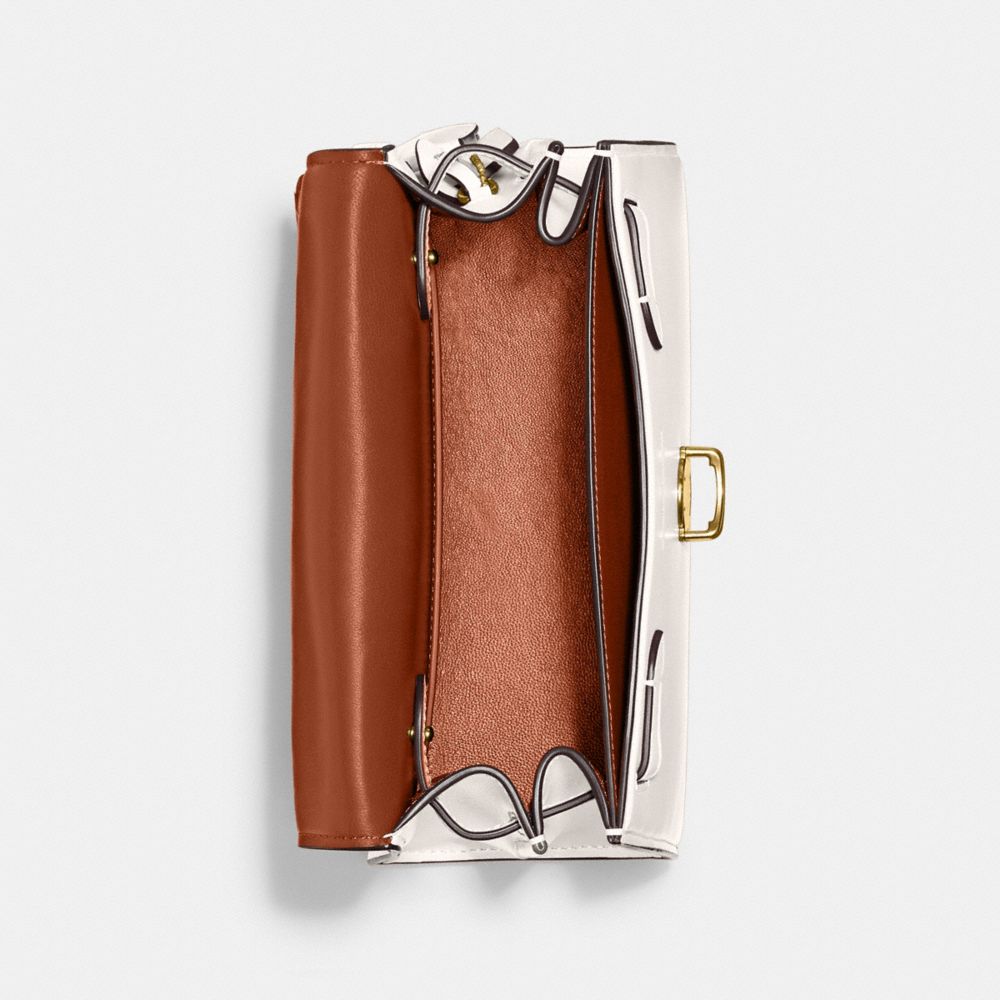 COACH®,Sammy Top Handle Bag,Leather,Calf Hair,Satchel,Metal,Logo,Expandable,Gusset,Gold Metal,Day Party,White,Inside View,Top View
