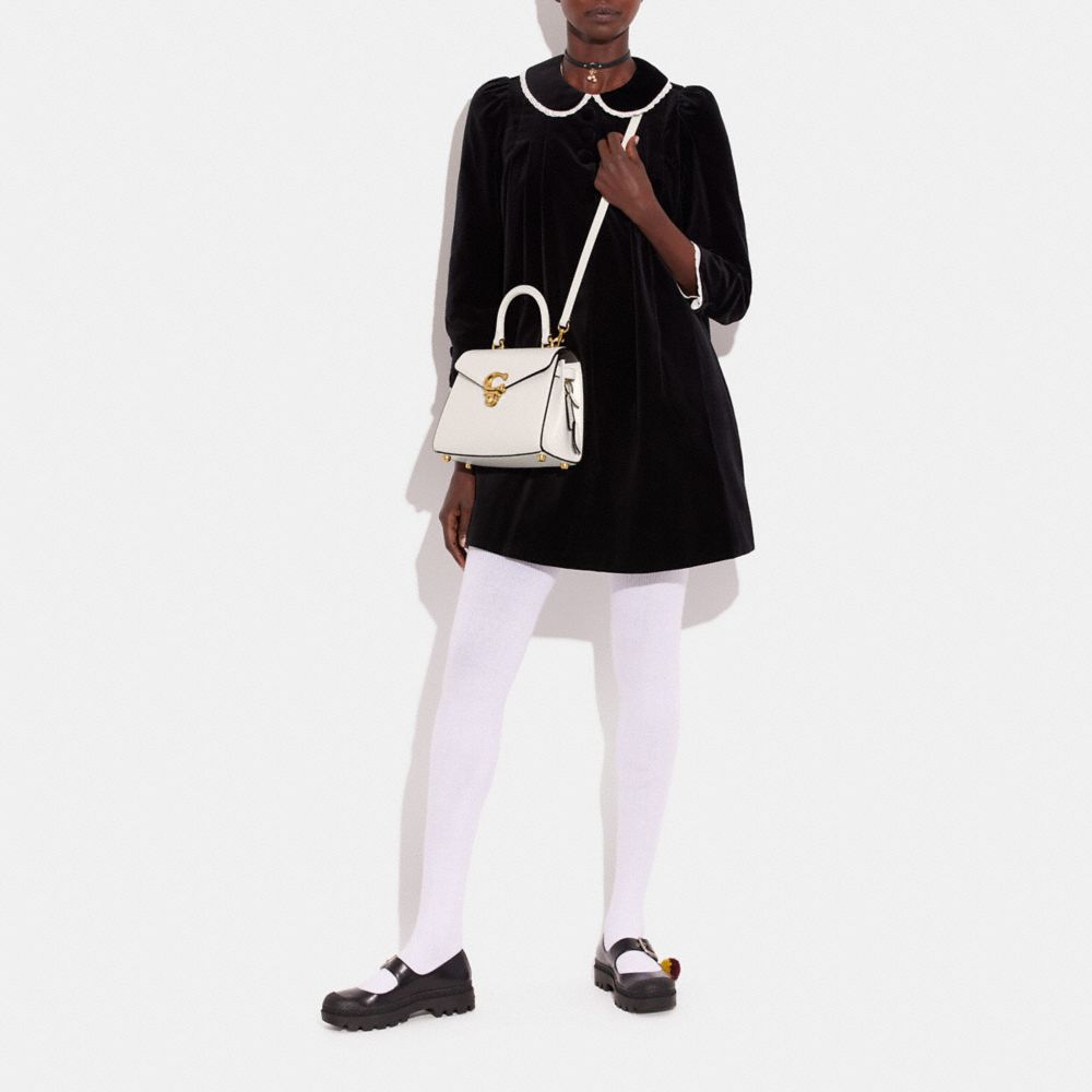 COACH®,Sammy Top Handle Bag,Leather,Calf Hair,Satchel,Metal,Logo,Expandable,Gusset,Gold Metal,Day Party,White,Detail View