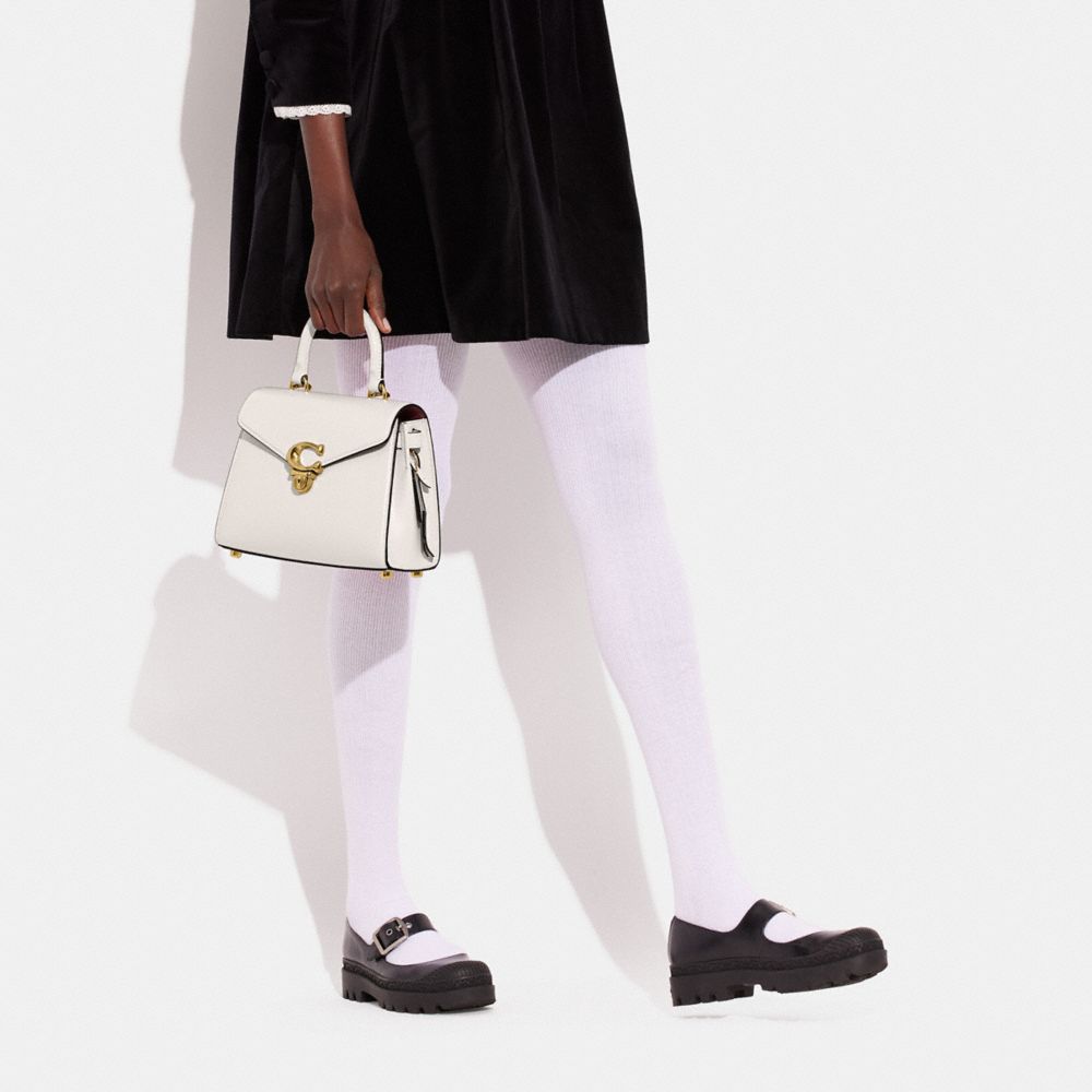 COACH®,Sammy Top Handle Bag,Leather,Calf Hair,Satchel,Metal,Logo,Expandable,Gusset,Gold Metal,Day Party,White,Detail View