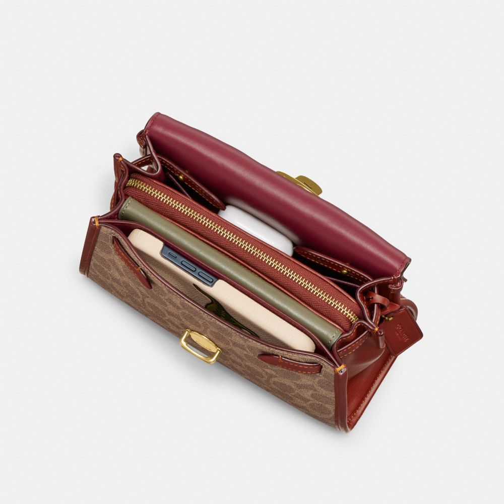 COACH®,Sammy Top Handle Bag In Signature Canvas,Leather,Canvas,Satchel,Color Block,Gusset,Expandable,Gold Metal,Day Party,Brown,Inside View, Top View