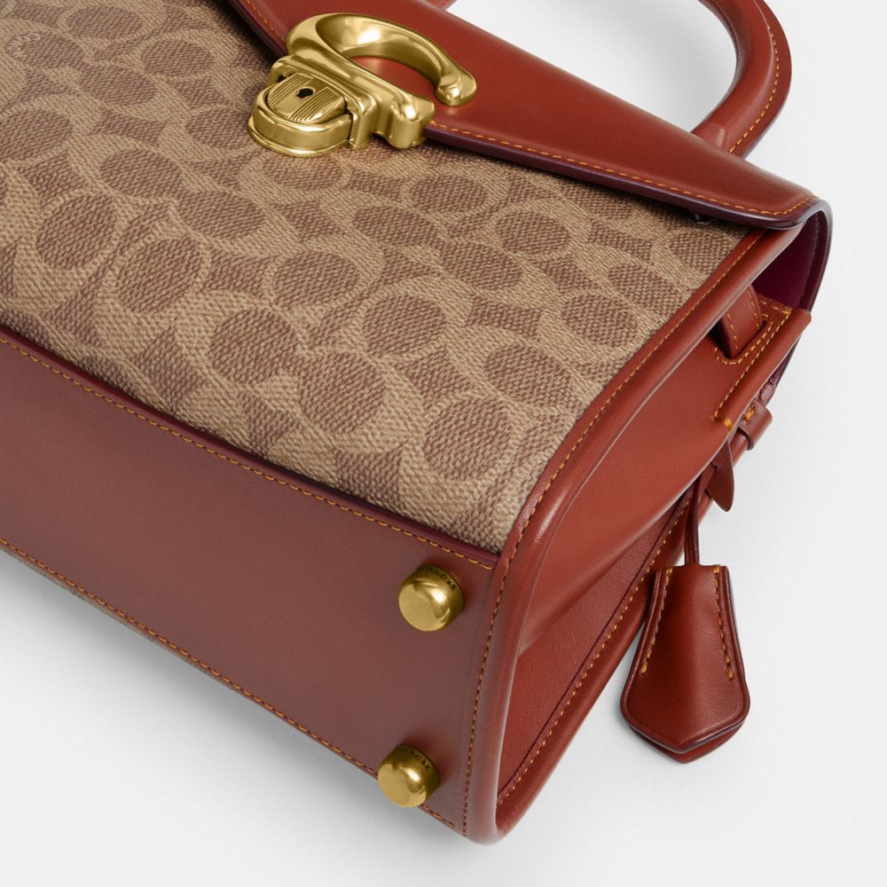 COACH®,Sammy Top Handle Bag In Signature Canvas,Leather,Canvas,Satchel,Color Block,Gusset,Expandable,Gold Metal,Day Party,Brown,Outsole View