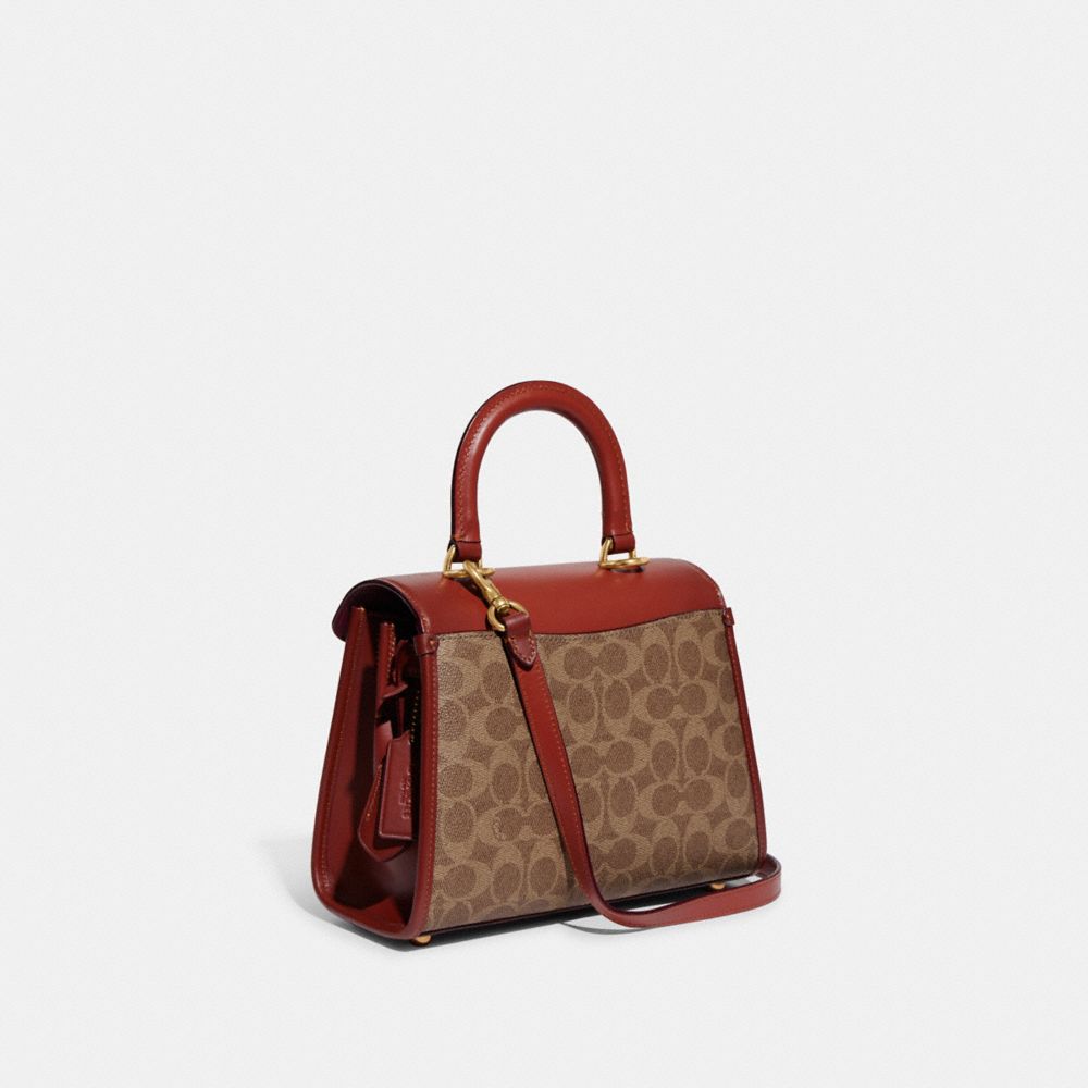 COACH®,Sammy Top Handle Bag In Signature Canvas,Leather,Canvas,Satchel,Color Block,Gusset,Expandable,Gold Metal,Day Party,Brown,Angle View