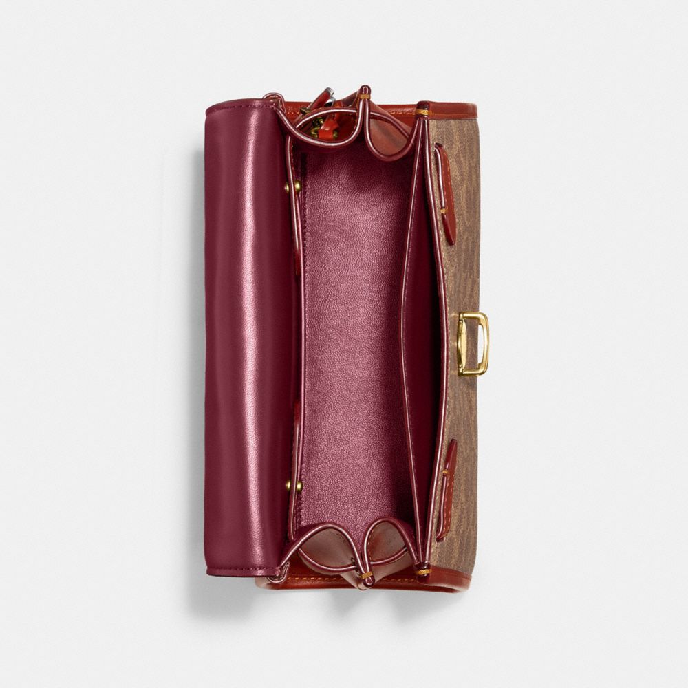 COACH®,Sammy Top Handle Bag In Signature Canvas,Leather,Canvas,Satchel,Color Block,Gusset,Expandable,Gold Metal,Day Party,Brown,Inside View,Top View