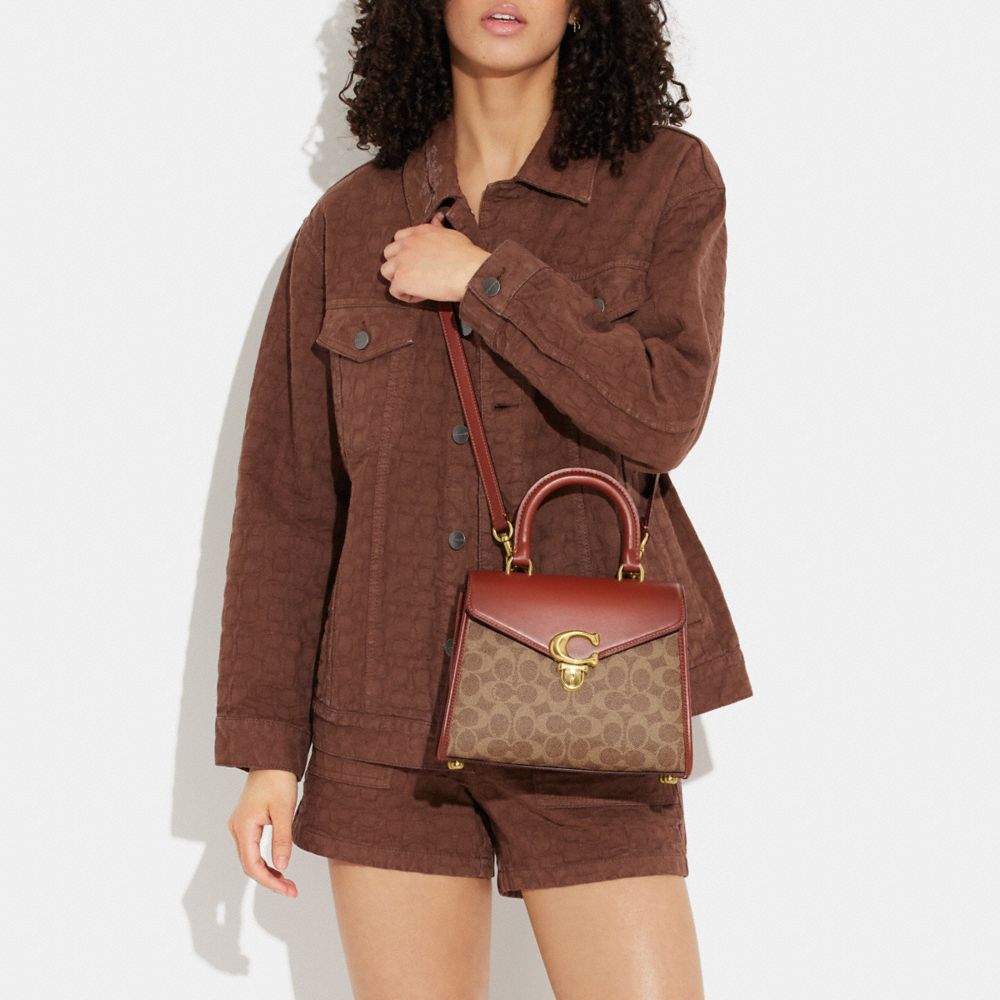 COACH®,Sammy Top Handle Bag In Signature Canvas,Leather,Canvas,Satchel,Color Block,Gusset,Expandable,Gold Metal,Day Party,Brown,Detail View