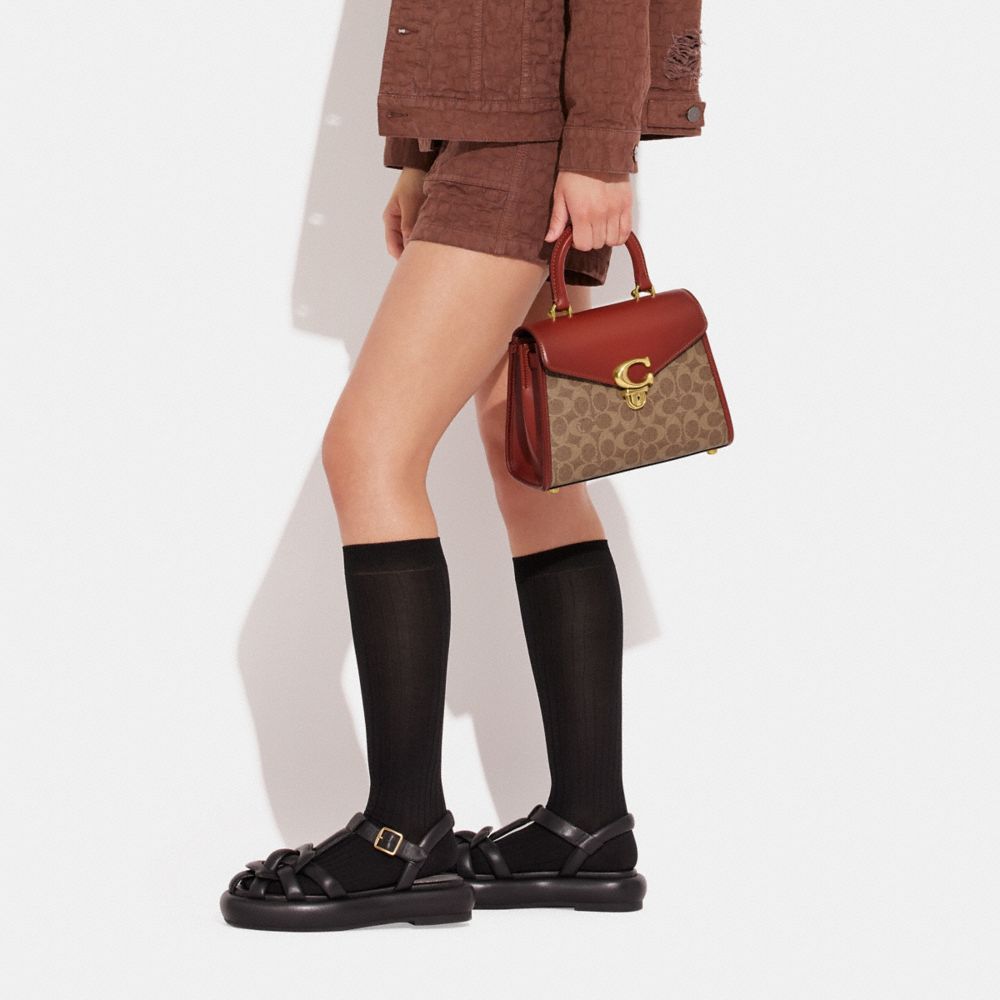 COACH®,Sammy Top Handle Bag In Signature Canvas,Leather,Canvas,Satchel,Color Block,Gusset,Expandable,Gold Metal,Day Party,Brown,Detail View