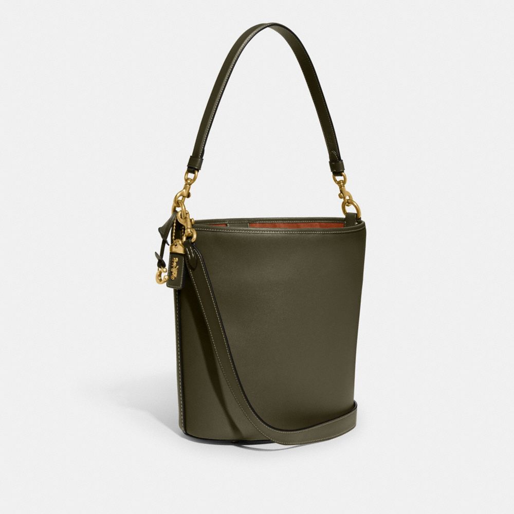 COACH®,DAKOTA BUCKET BAG,Glovetan Leather,Large,Brass/Army Green,Angle View