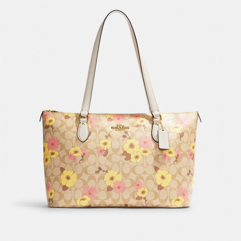 COACH®,GALLERY TOTE BAG IN SIGNATURE CANVAS WITH FLORAL CLUSTER PRINT,X-Large,Gold/Light Khaki Multi,Front View