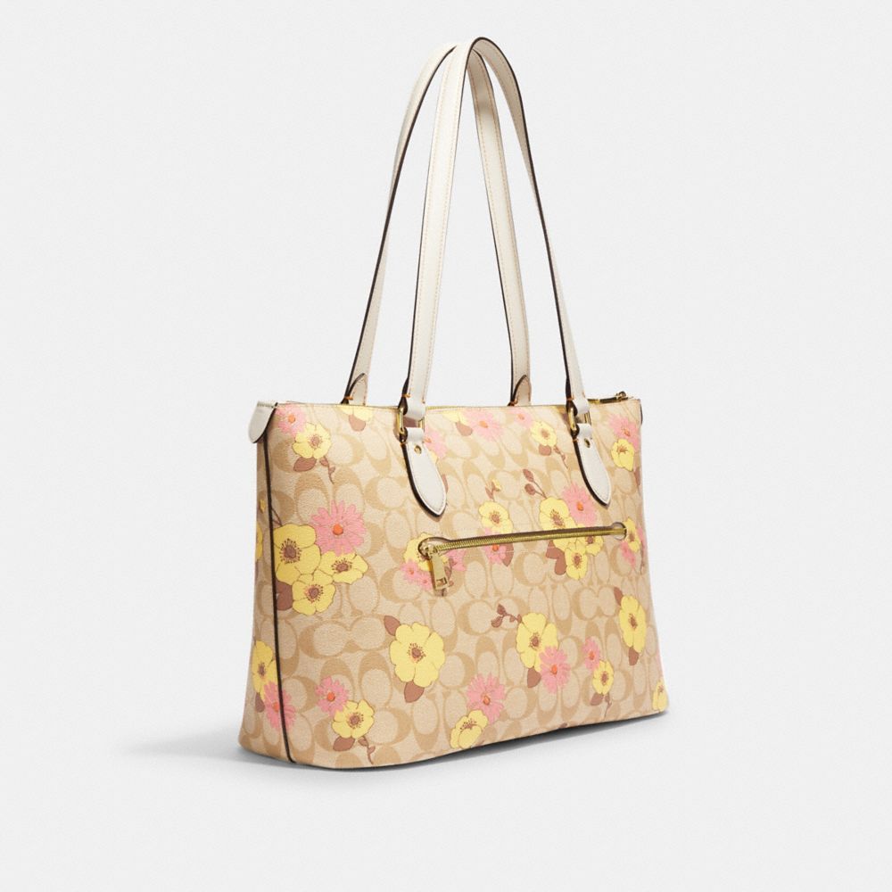 COACH®,GALLERY TOTE BAG IN SIGNATURE CANVAS WITH FLORAL CLUSTER PRINT,X-Large,Gold/Light Khaki Multi,Angle View