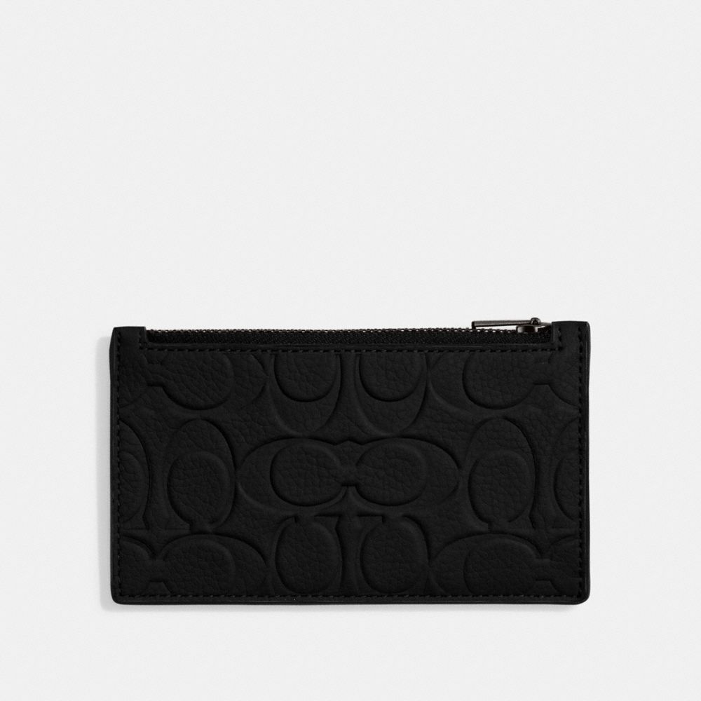 COACH®,ZIP CARD CASE IN SIGNATURE LEATHER,Black,Front View image number 0