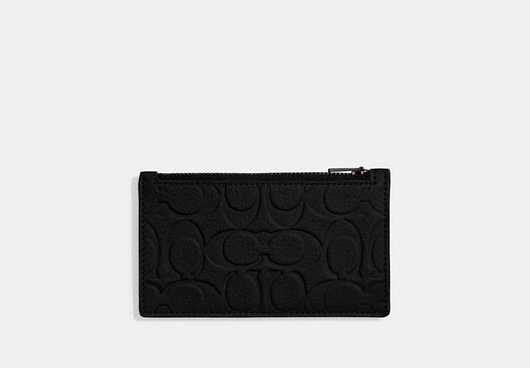 COACH®,ZIP CARD CASE IN SIGNATURE LEATHER,Polished Pebble Leather,Black,Front View