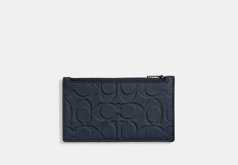 COACH®,ZIP CARD CASE IN SIGNATURE LEATHER,Polished Pebble Leather,Dark Denim,Front View