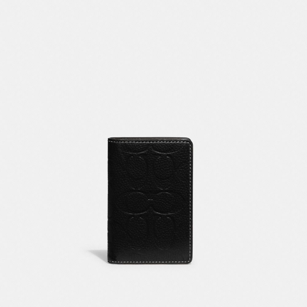 COACH®,CARD WALLET IN SIGNATURE LEATHER,Polished Pebble Leather,Mini,Black,Front View