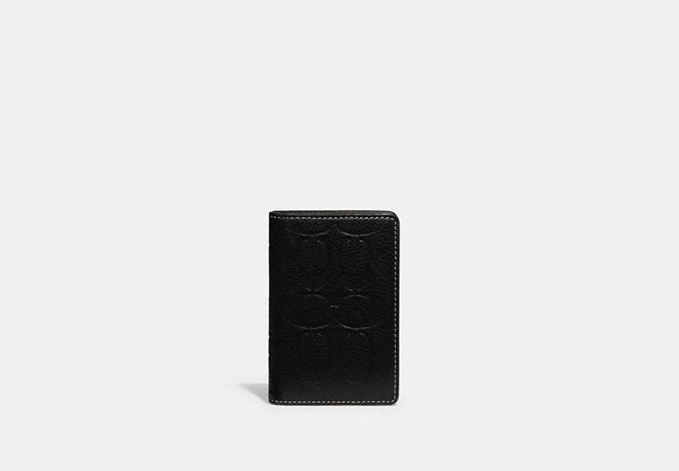 COACH®,CARD WALLET IN SIGNATURE LEATHER,Polished Pebble Leather,Mini,Black,Front View