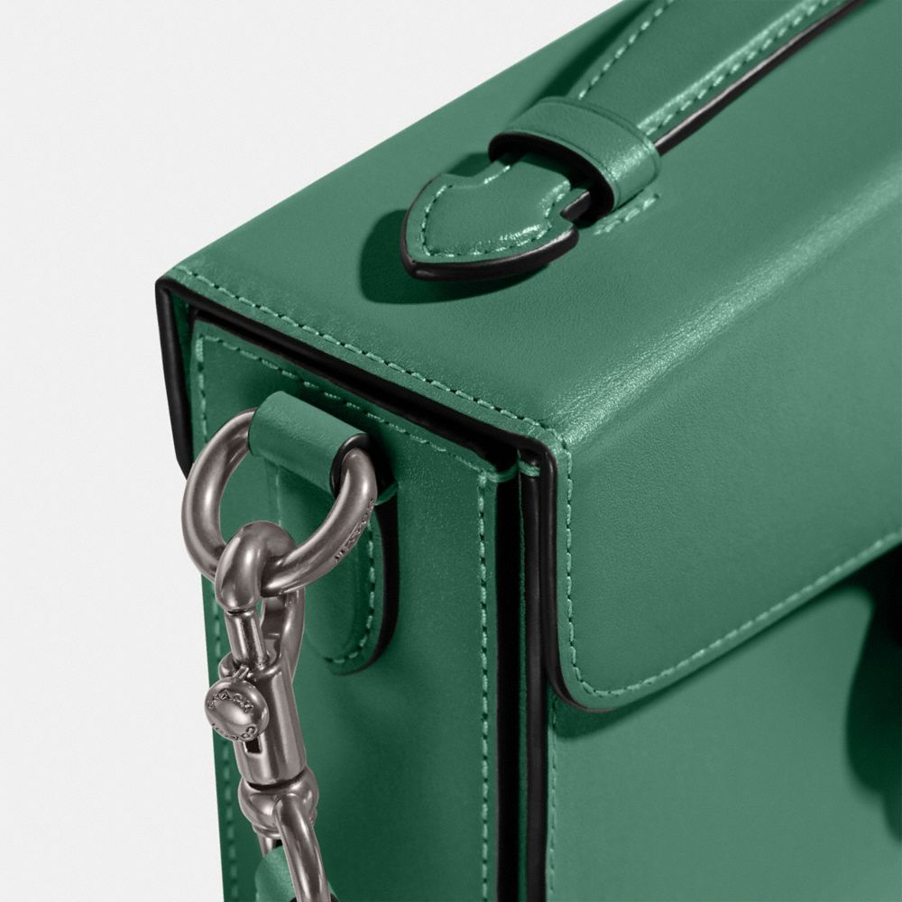COACH®,Tabby Box Bag,Leather,Box Bag,Wristlet,Metal,Logo,Expandable,Day Party,Green,Closer View