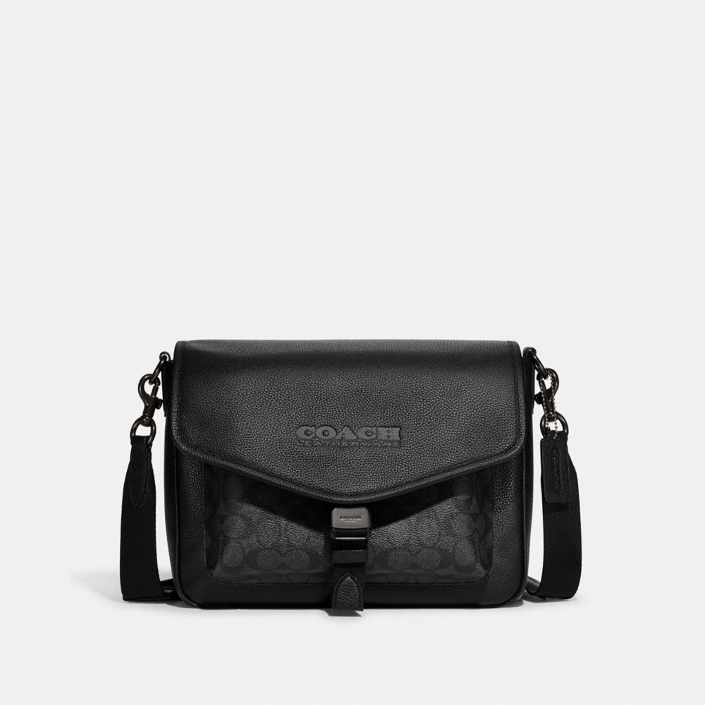 COACH®,MESSAGER CHARTER EN TOILE SIGNATURE,Cuir maroquiné poli,Charbon/Noir,Front View