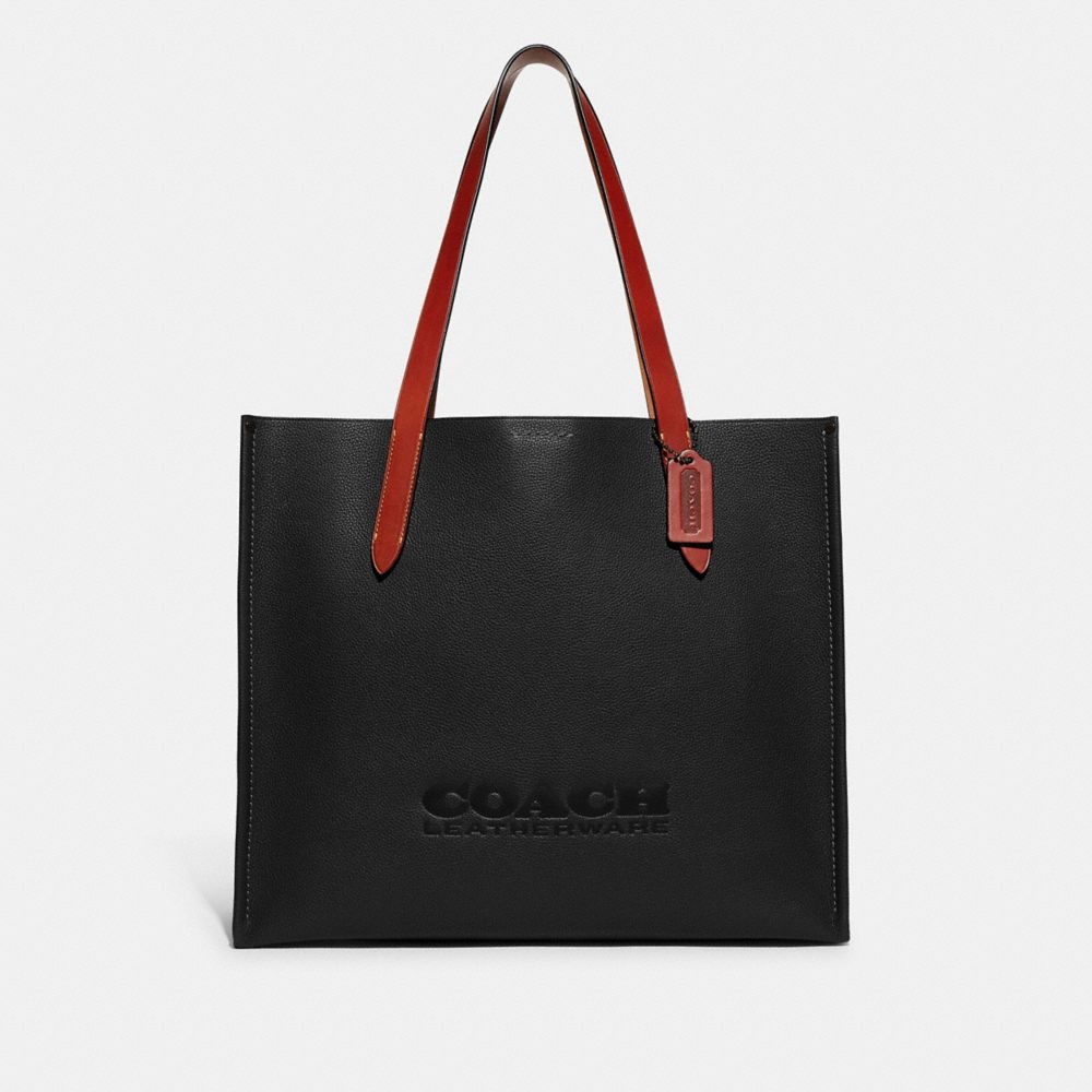 COACH®,RELAY TOTE BAG,Polished Pebble Leather,Large,Black,Front View