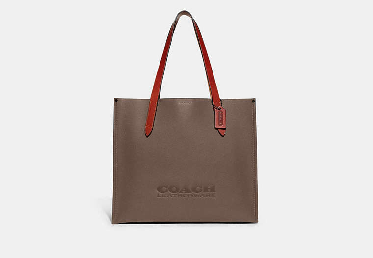 COACH®,RELAY TOTE BAG,Polished Pebble Leather,Large,Dark Stone,Front View
