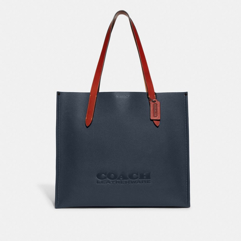 COACH®,RELAY TOTE BAG,Polished Pebble Leather,Large,Denim,Front View