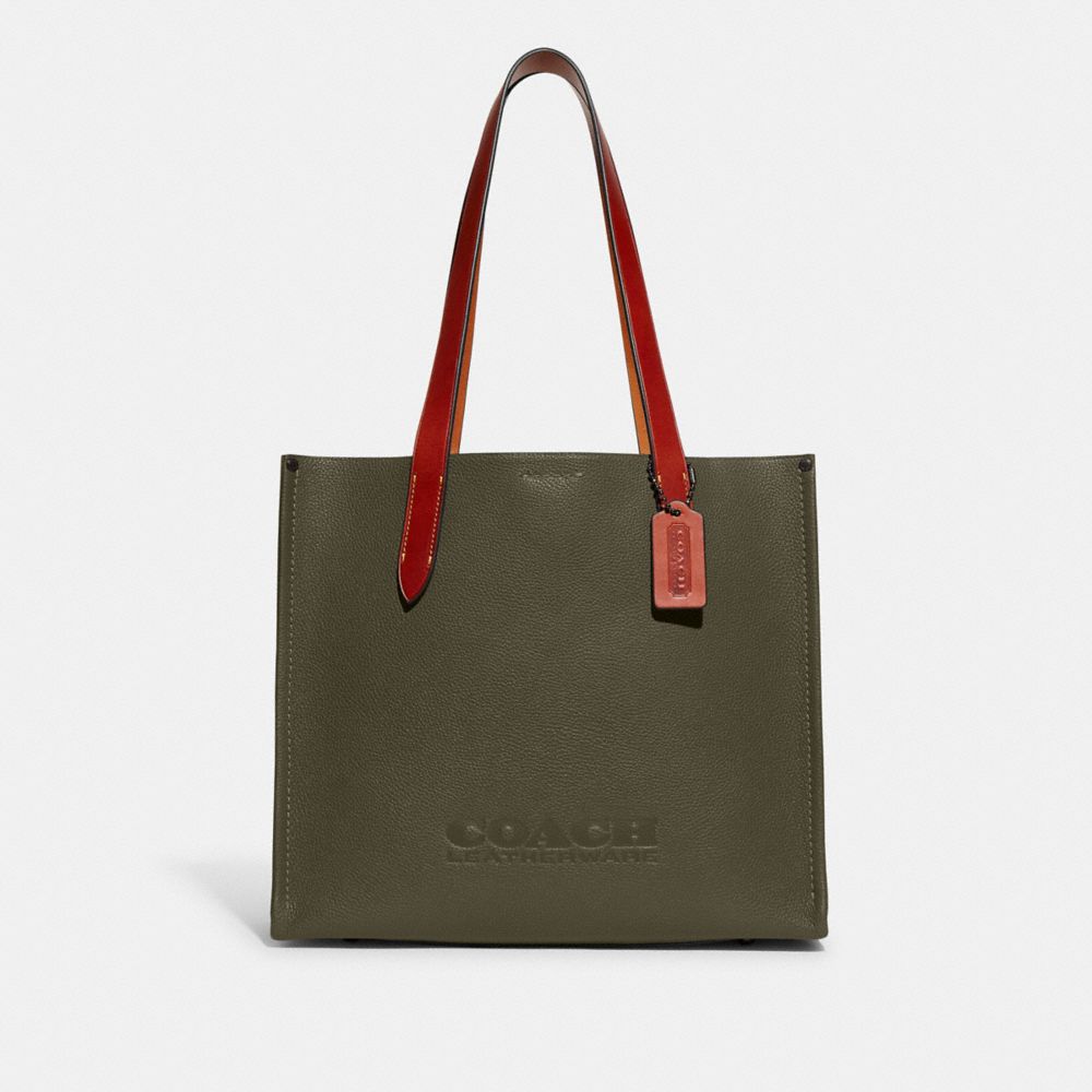 COACH®,RELAY TOTE BAG 34,Polished Pebble Leather,Medium,Army Green,Front View