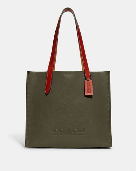 COACH®,RELAY TOTE 34,Polished Pebble Leather,Medium,Army Green,Front View