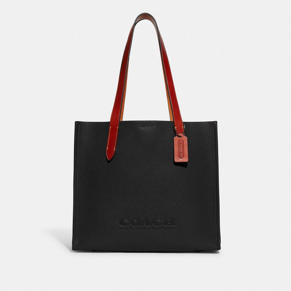 COACH®,RELAY TOTE BAG 34,Polished Pebble Leather,Medium,Black,Front View image number 0